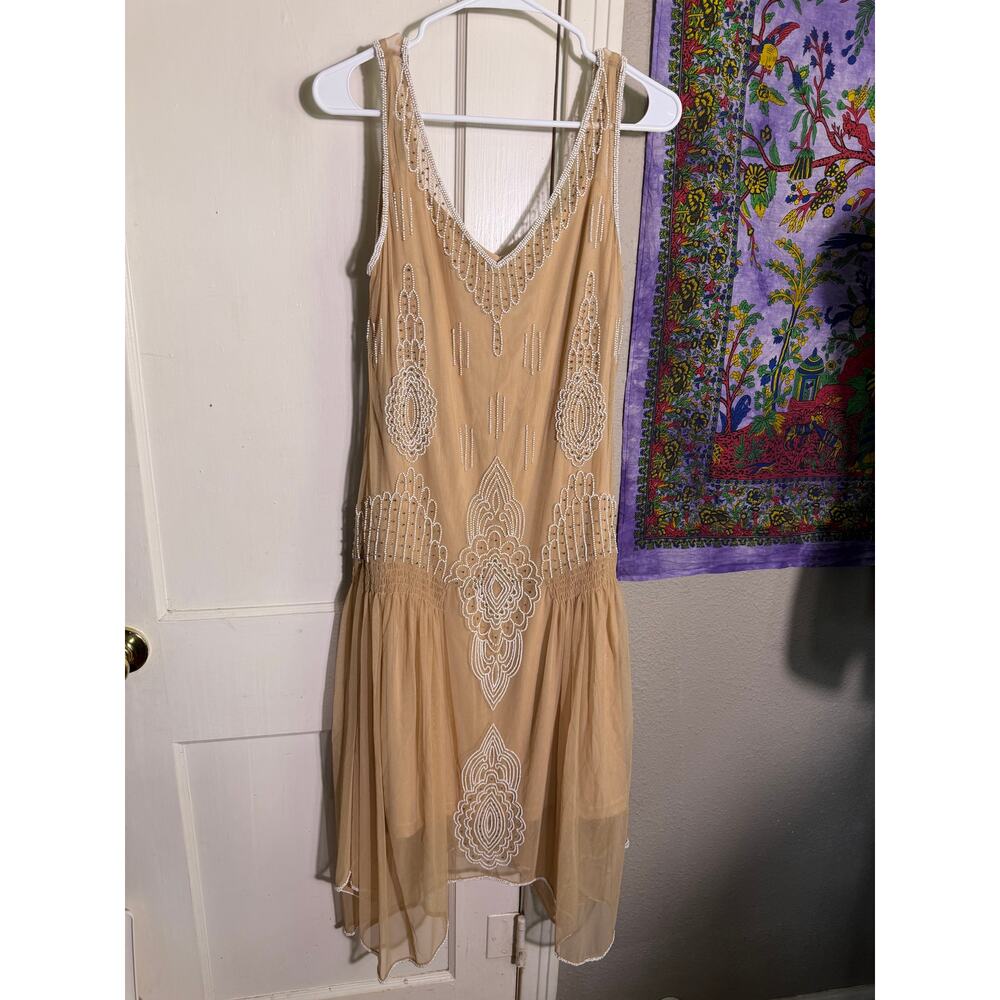 Together Beaded Midi Dress Nude Art Deco Gatsby 1920s Style Mesh Formal - Size 8 - Picture 8 of 11